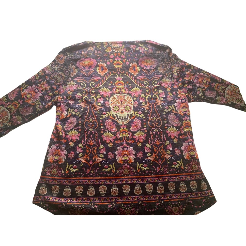 Energe World Wear Womens 1X Sugar Skull Floral Boho Long Sleeve Top Multi-Color